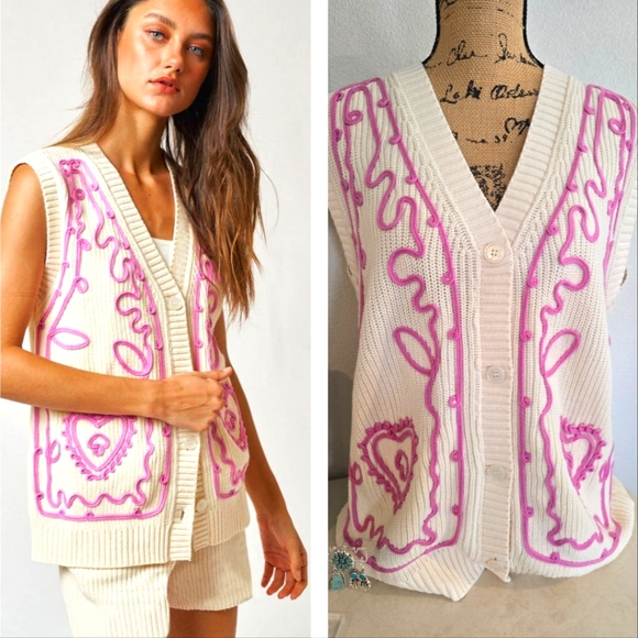 Lalavon NWT Women's Cream and Pink Embroidered V Neck Button Front Sweater Vest - Picture 1 of 13
